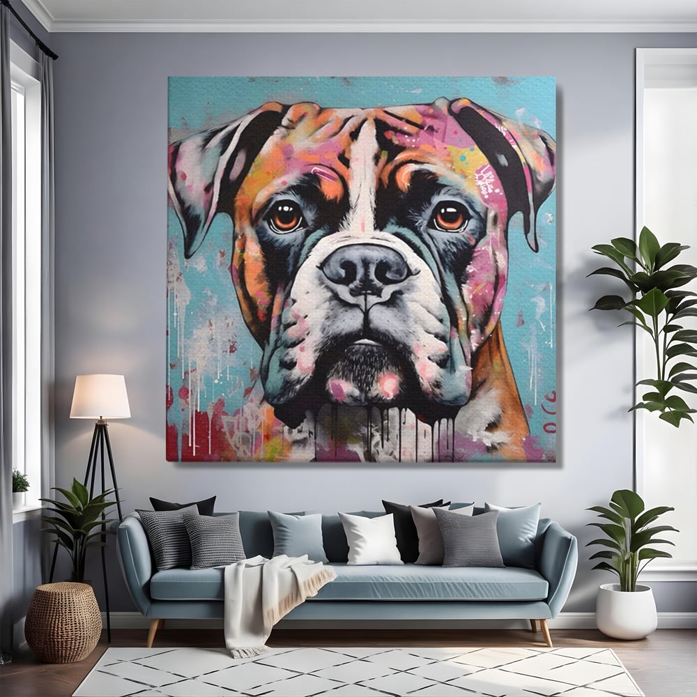 Tablou canvas cu tablou canvas cu cap de boxer, fara rama, pe sasiu de lemn, pe perete intr-un living